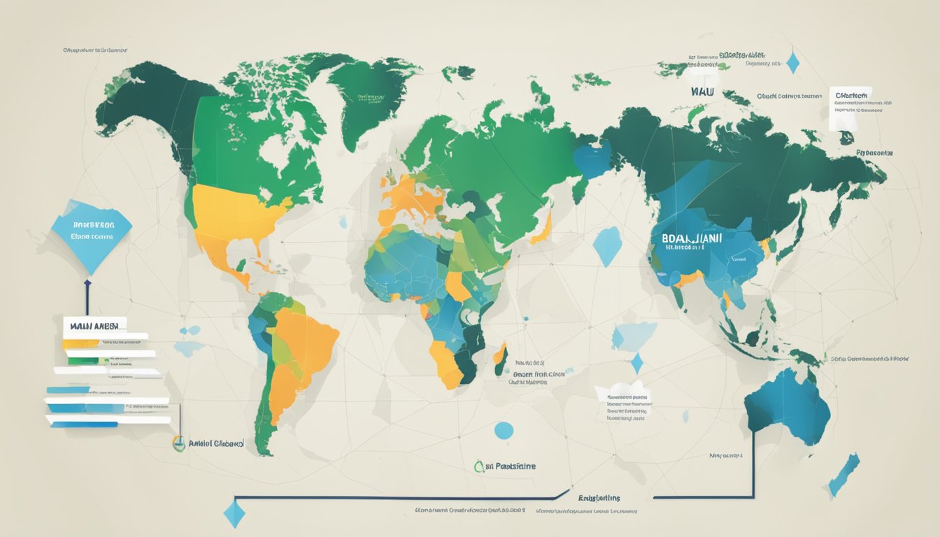 A world map with highlighted areas for Global Operations and Logistics, and a separate area for Maui Jim. Text asking "Does Maui Jim support Palestine?" in bold letters