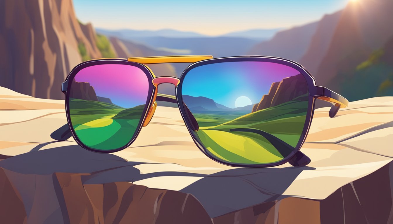 A colorful pair of sunglasses teeters on the edge of a cliff, overlooking a divided landscape. The sun shines on one side, while shadows loom on the other