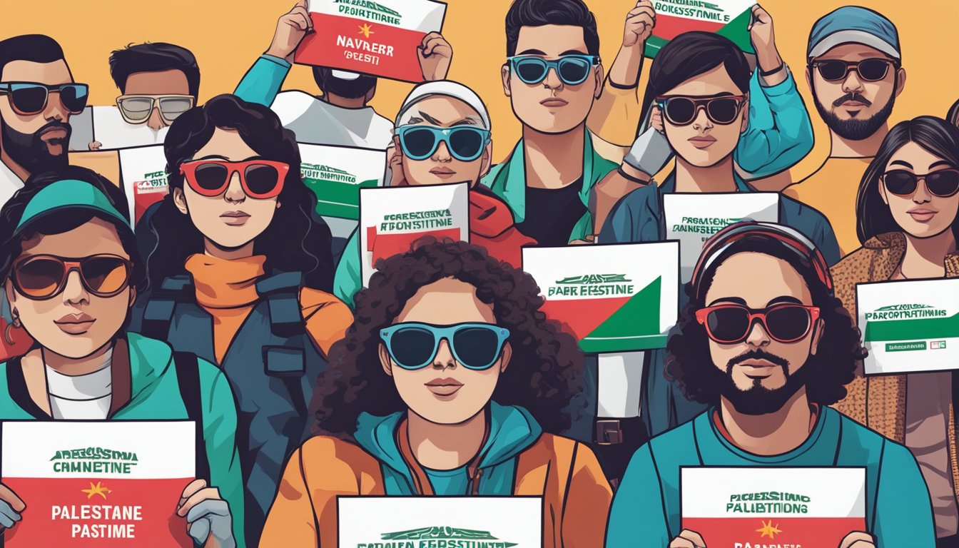 A group of people holding signs and wearing Native Eyewear sunglasses gather in support of Palestine, advocating for consumer movements and influences