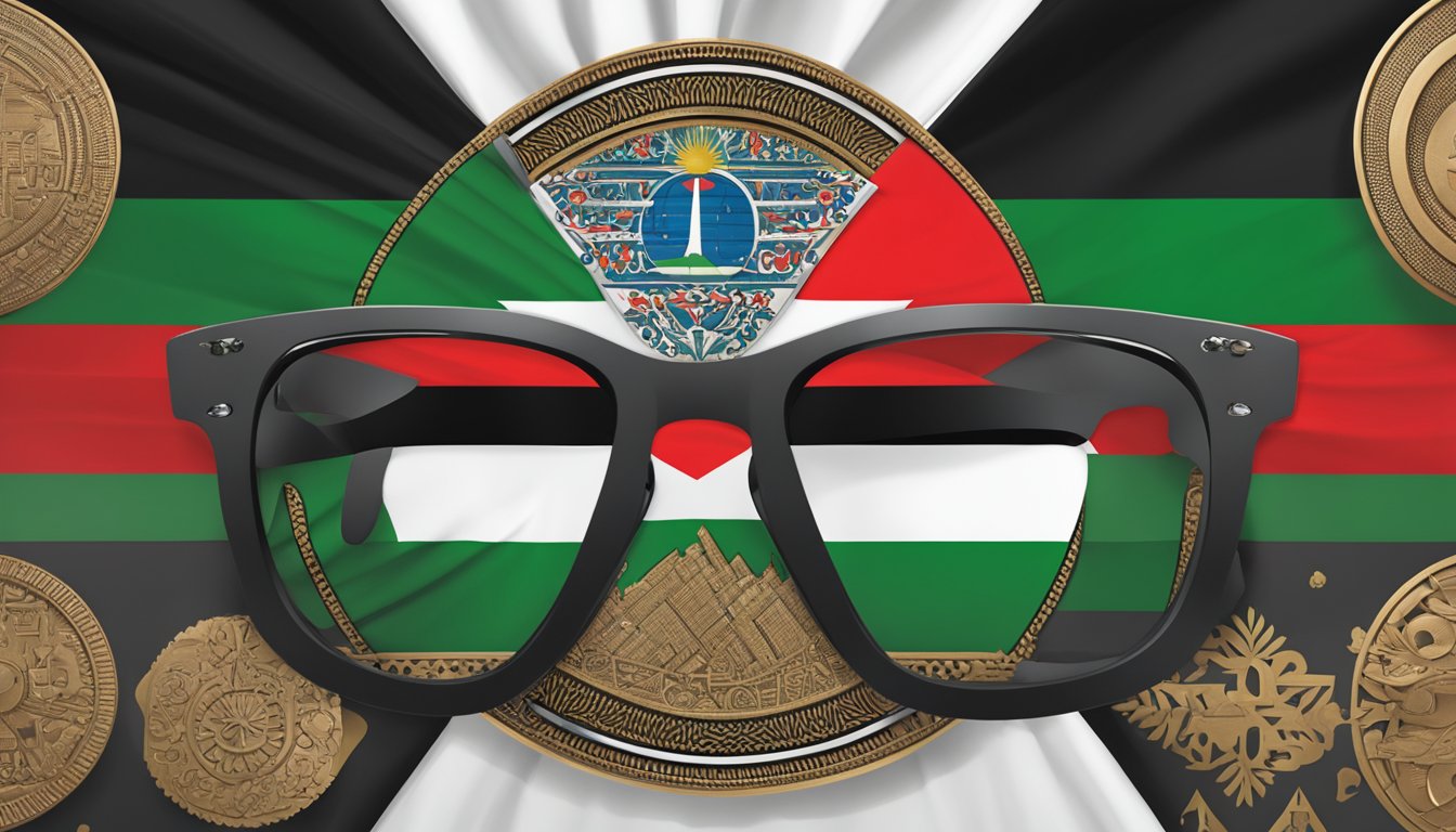 Native Eyewear logo displayed next to Palestinian flag, surrounded by conflicting cultural symbols