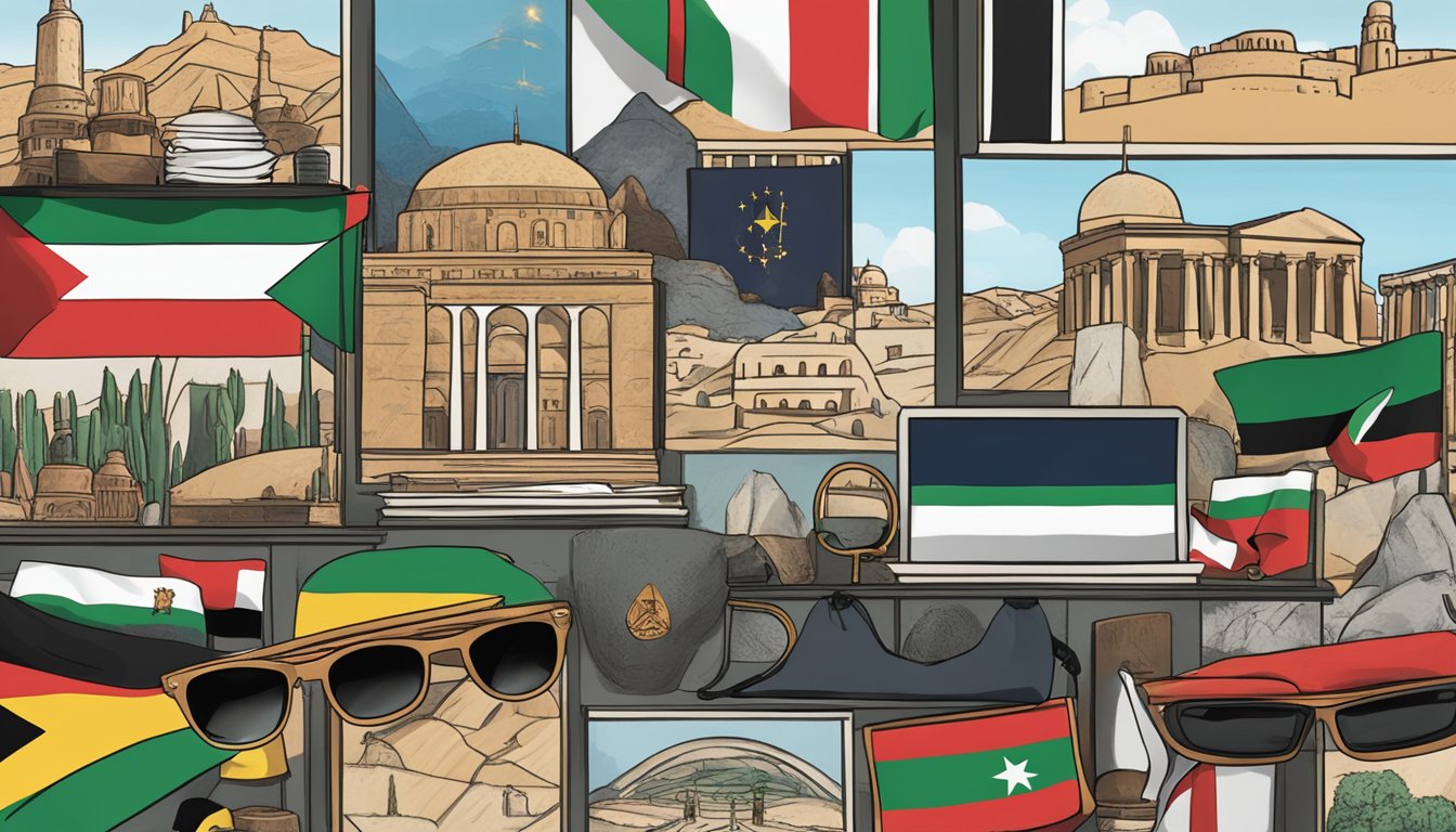 A display of Native Eyewear products with a label indicating support for Palestine. Flags and images of Palestinian landmarks in the background