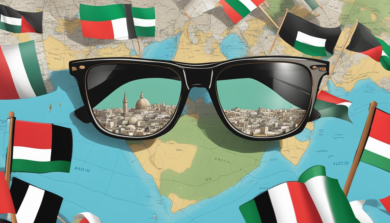 A pair of Native Eyewear sunglasses sits atop a map of Palestine, surrounded by protest signs and flags. The image conveys a sense of activism and support for the Palestinian cause