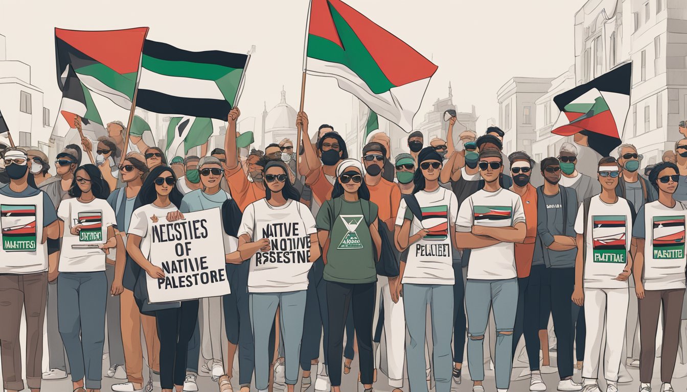 A group of people wearing Native Eyewear products gather in a peaceful demonstration, holding signs and flags in support of Palestine