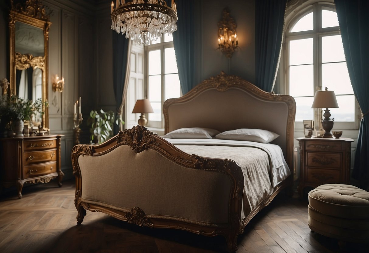 A cozy French bedroom with ornate antique furniture, including a carved wooden bed, delicate bedside tables, and a vintage chandelier. Rich fabrics and intricate details add to the old-world charm