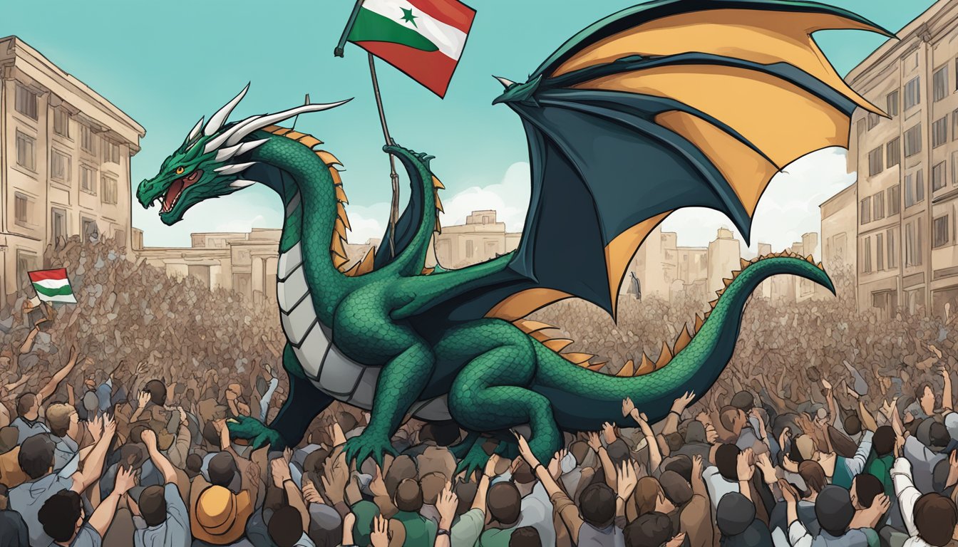 Dragon Alliance Overview: A dragon symbolically supports Palestine with a raised fist, surrounded by a crowd of supporters