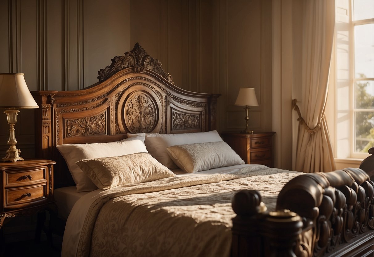 A person gently dusts ornate, carved wood bedframe in a sunlit room, surrounded by delicate antique French bedroom furniture