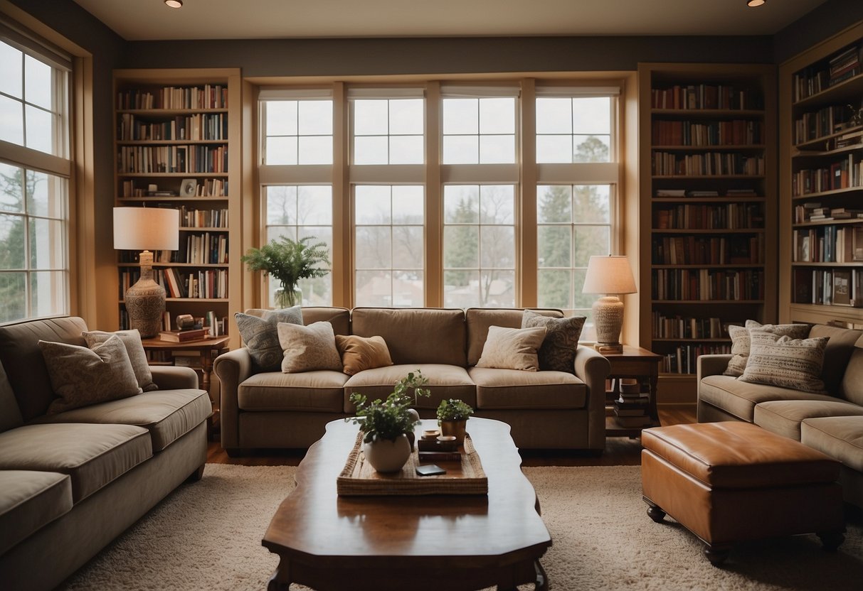 A cozy living room with a large, comfortable sofa, a coffee table, and a bookshelf filled with books and decorative items. The room is well-lit with natural light coming in through the windows