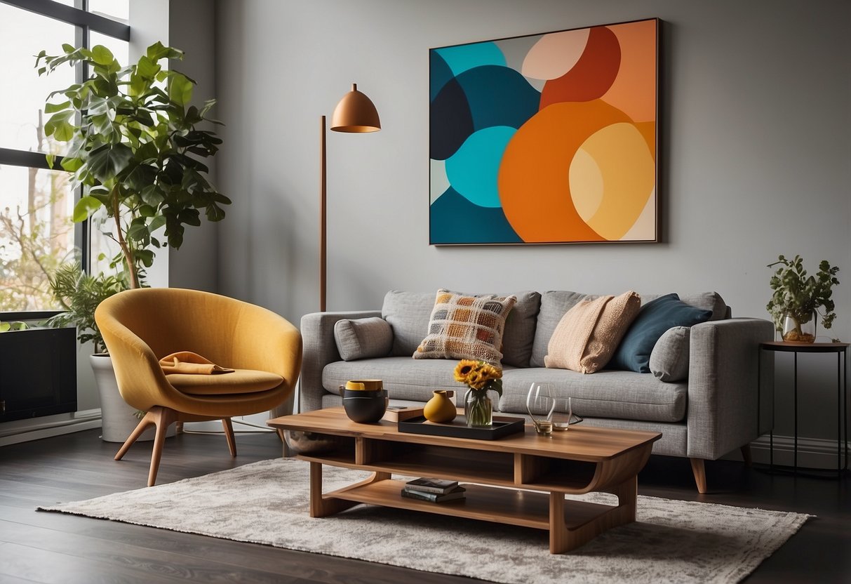 A cozy living room with colorful, abstract paintings on the walls, a unique sculptural coffee table, and a modern armchair with a sleek floor lamp