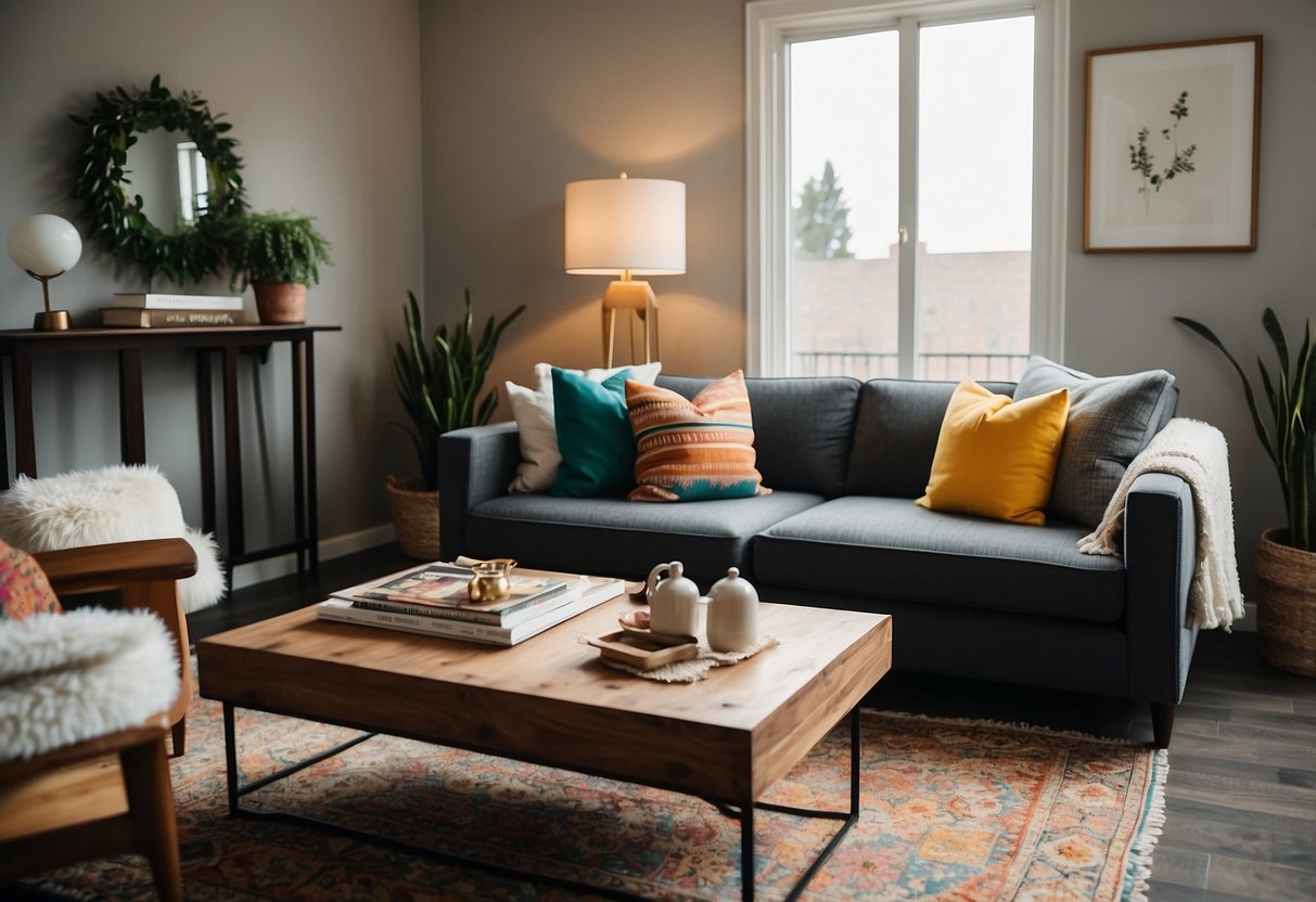 A cozy living room with a comfortable sofa, a stylish coffee table, and colorful throw pillows. The walls are adorned with unique artwork, and a soft rug ties the room together