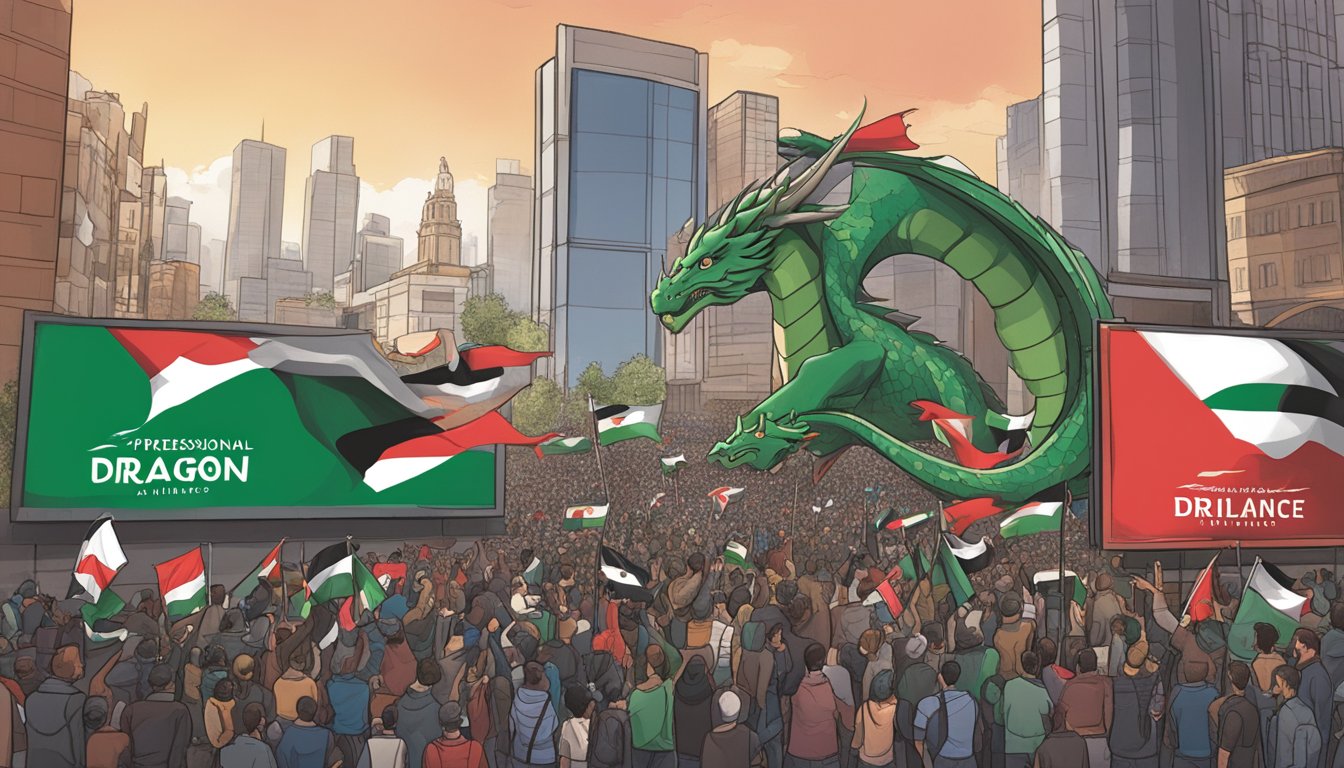 Dragon Alliance's logo shines on a billboard amidst a bustling city, symbolizing their support for Palestine. A crowd gathers, holding flags and signs in solidarity