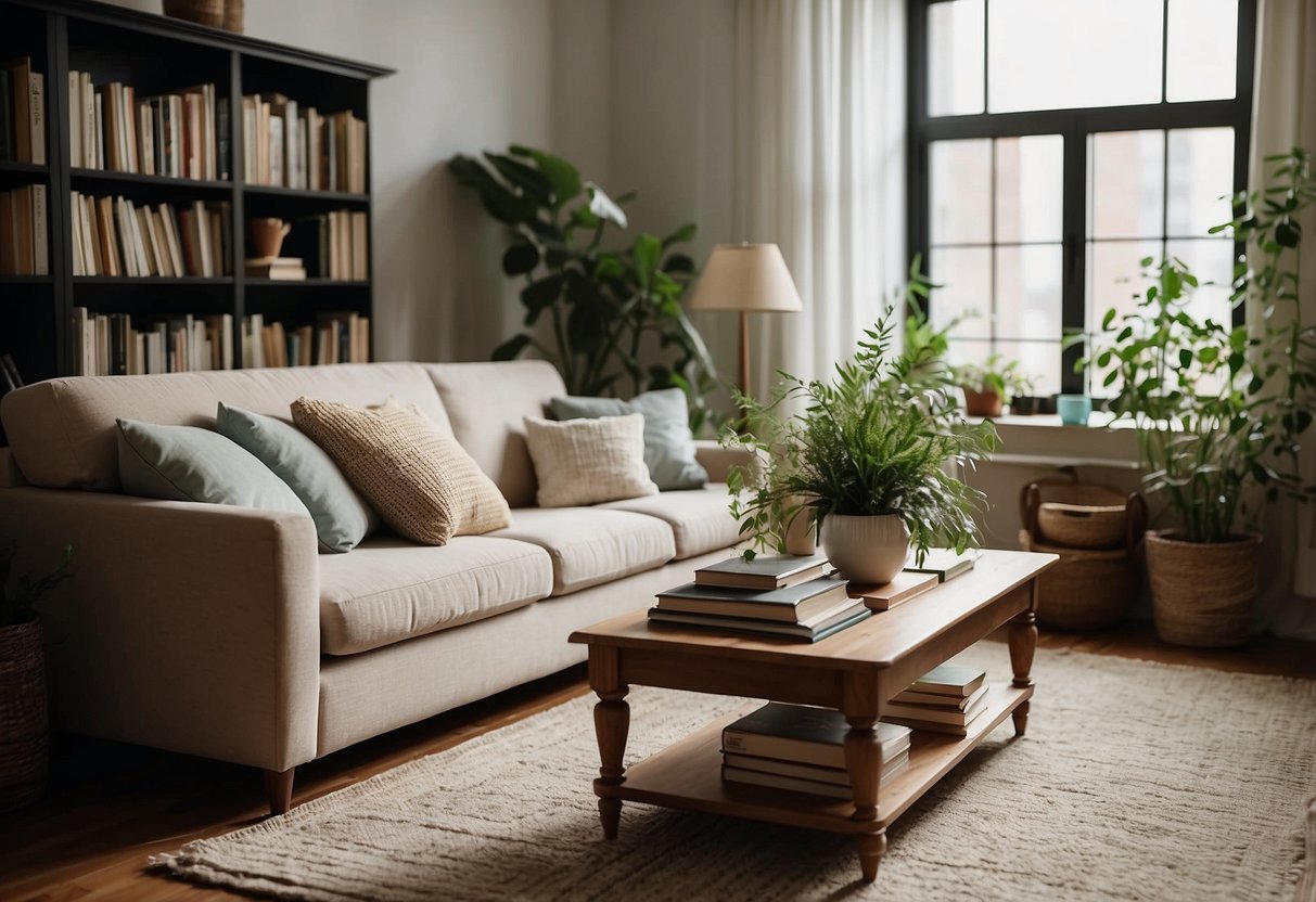 A cozy living room with a comfortable sofa, a stylish coffee table, and a decorative bookshelf filled with books and plants