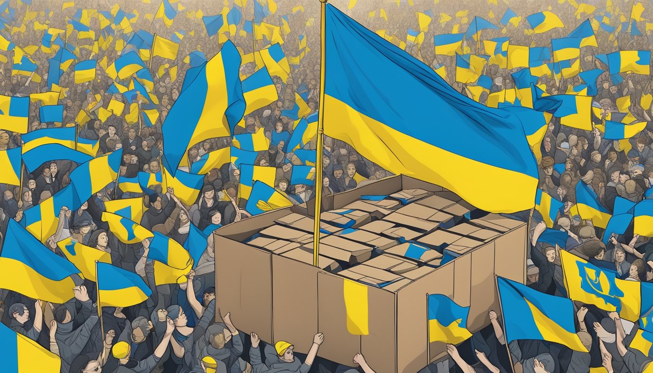 A Nike shoe box with the Ukrainian flag on it, surrounded by supporters holding signs and flags in a protest