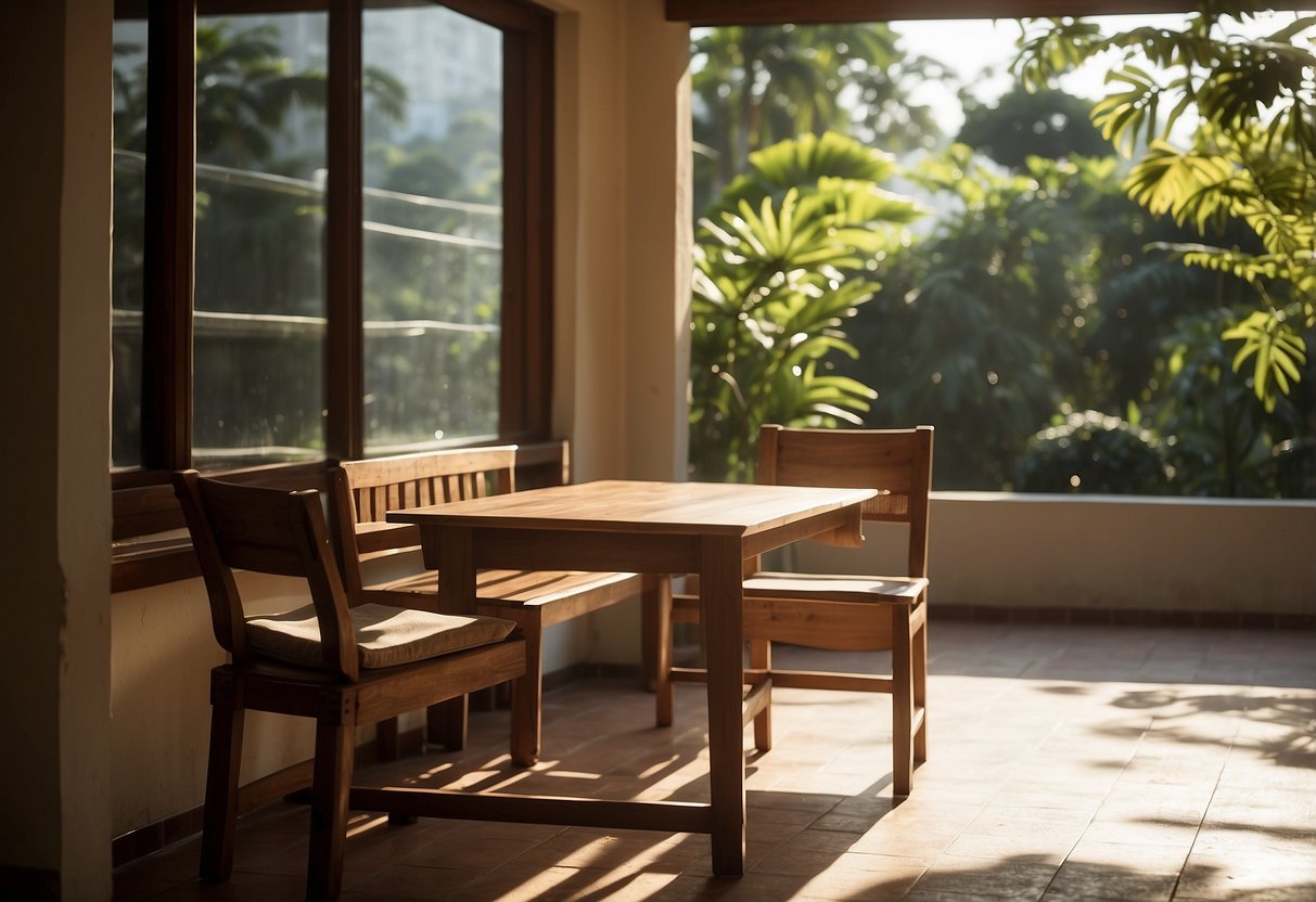 A balayong wood chair and table sit under a window, bathed in soft sunlight