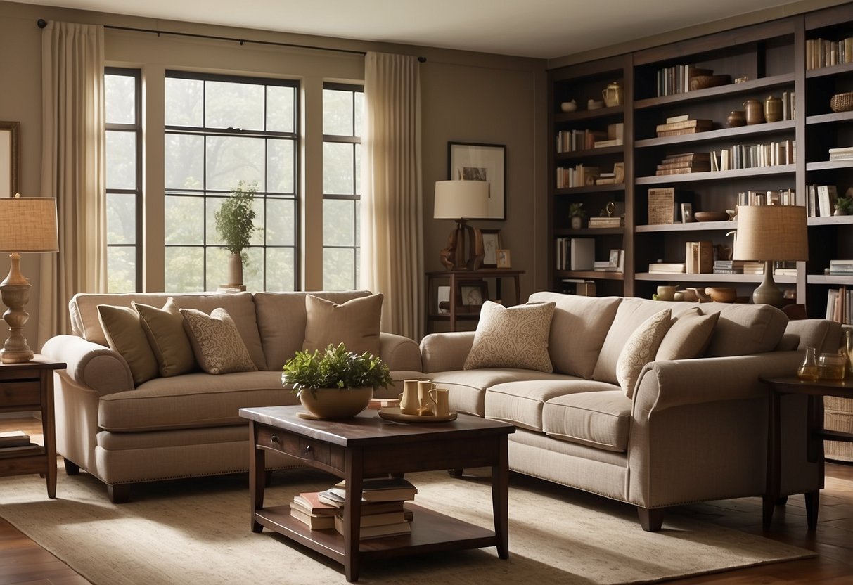 A cozy living room with a Cornell furniture set, including a plush sofa, a coffee table, and a bookshelf filled with books and decorative items