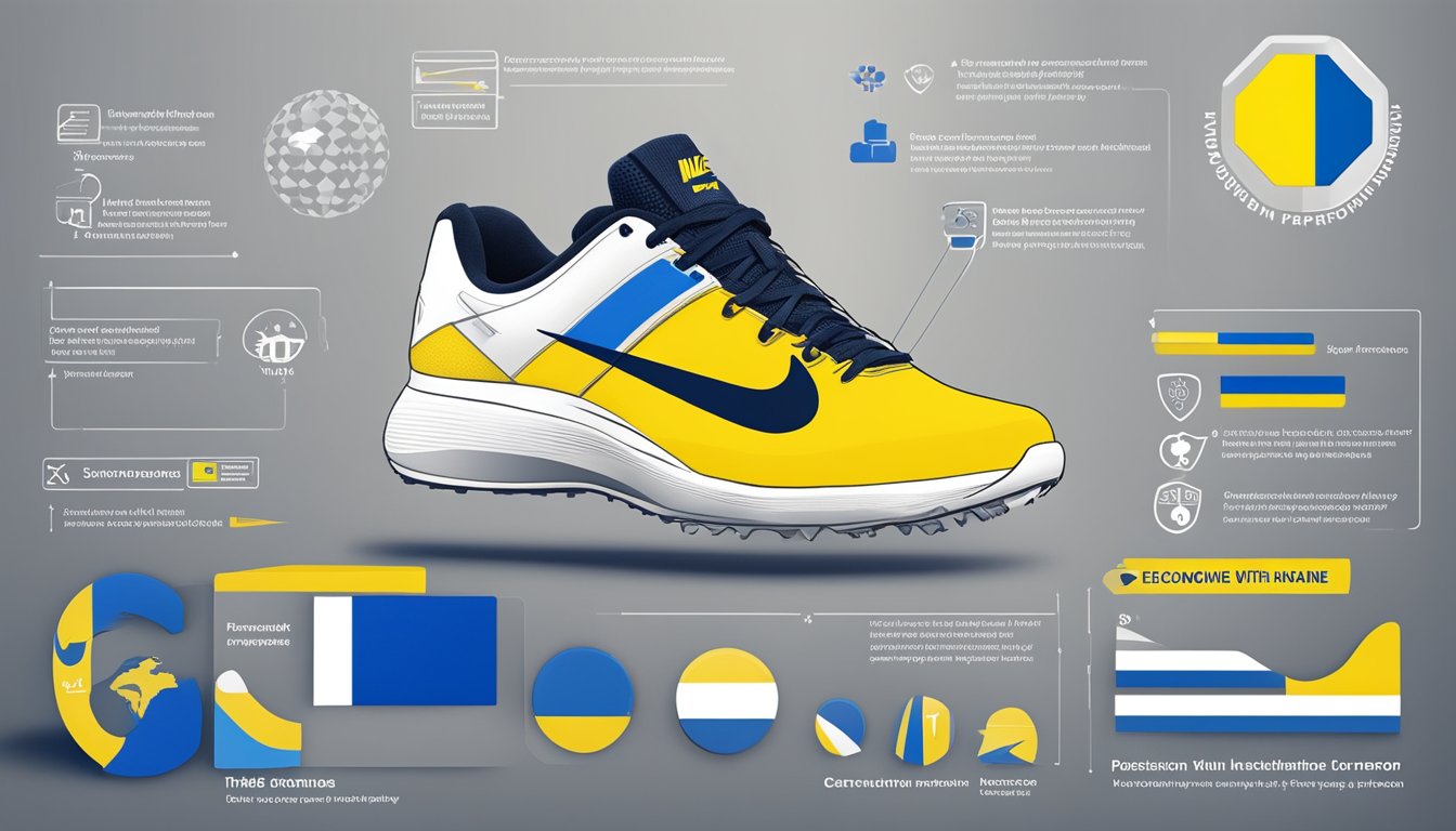 Nike logos and products displayed alongside Ukrainian flag. Economic impact statistics shown. Text reads "Partnerships with Ukraine."