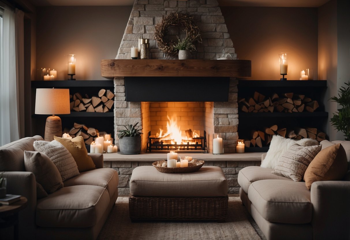 The cozy bay furniture is arranged around a crackling fire, with soft blankets and pillows creating a warm and inviting atmosphere