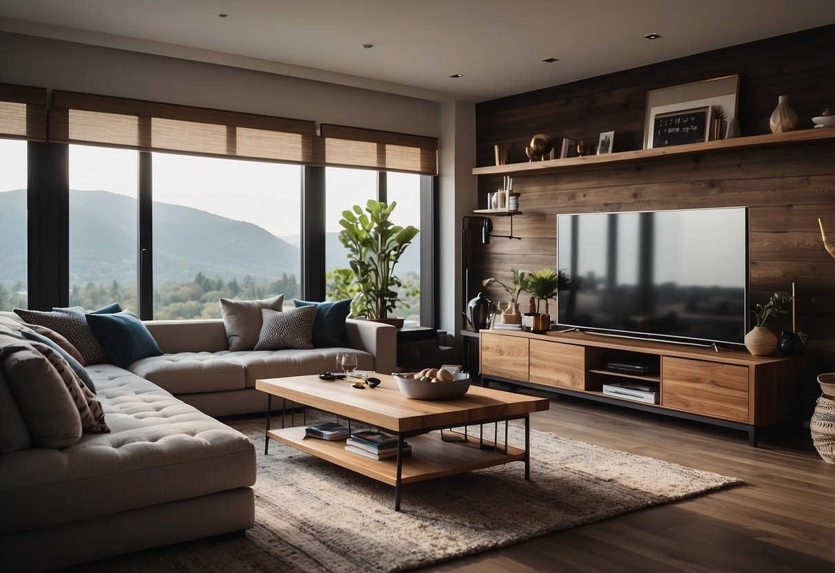A cozy living room with a unique custom-made furniture set, including a stylish coffee table, a comfortable sofa, and a modern entertainment unit