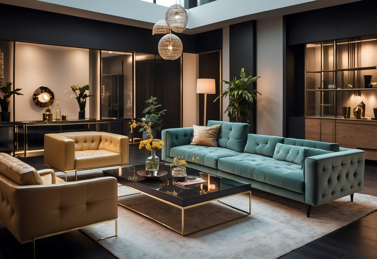 A room filled with sleek, modern furniture in various styles and colors, arranged in a spacious showroom with natural lighting