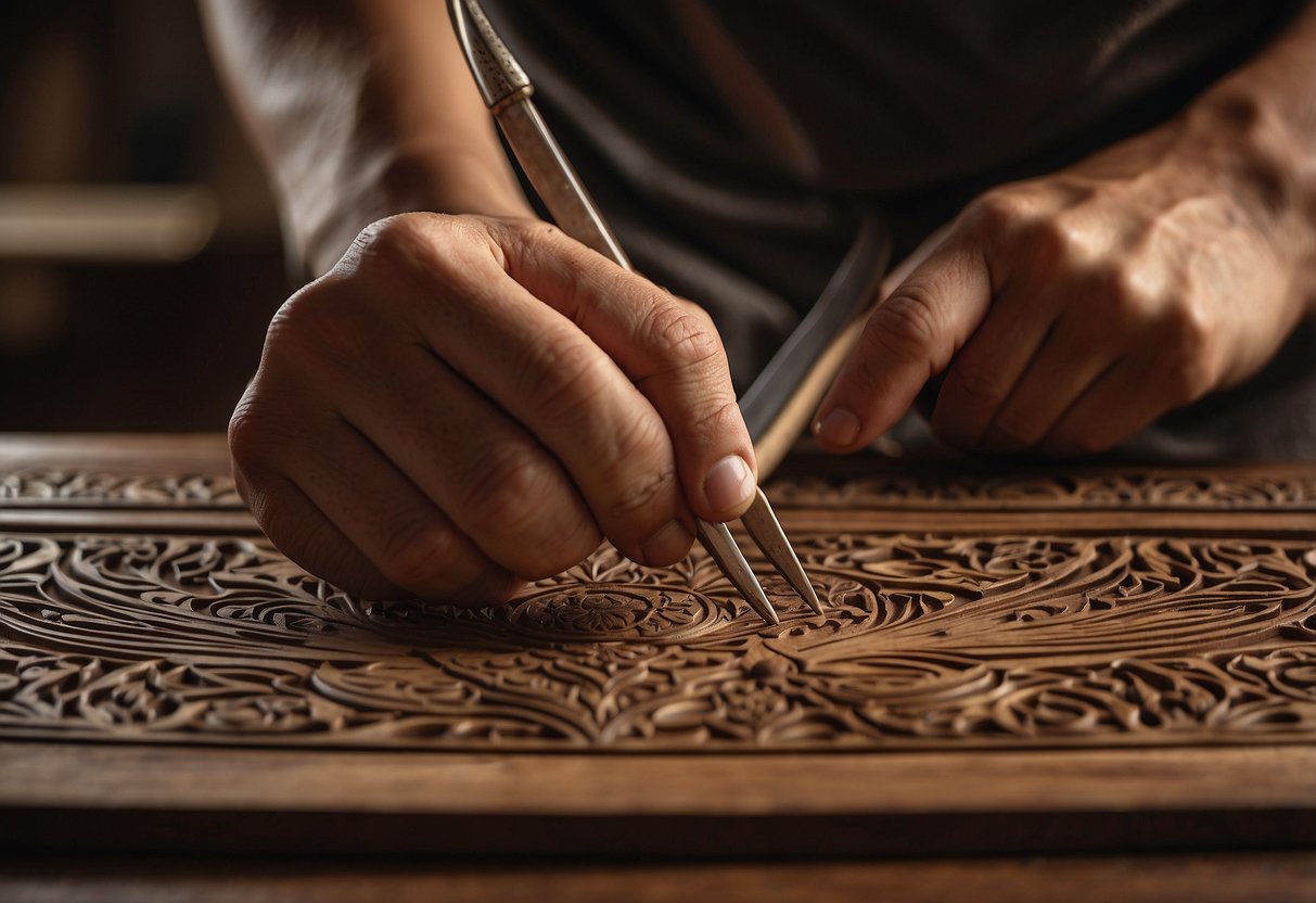A skilled craftsman meticulously carves intricate designs into a rich, balayong wood table, showcasing the artistry and precision of traditional furniture making
