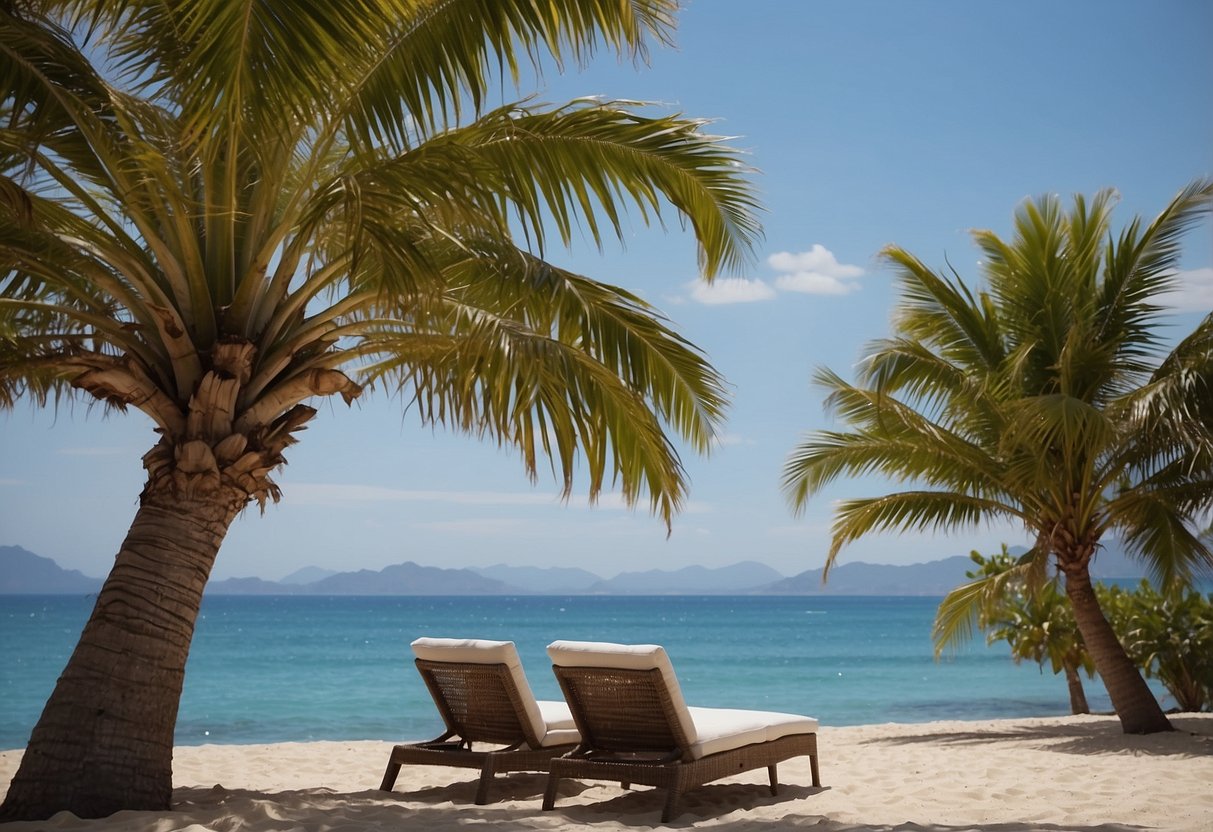 A serene beach setting with cozy bay furniture arranged under a shady palm tree, overlooking the calm blue waters