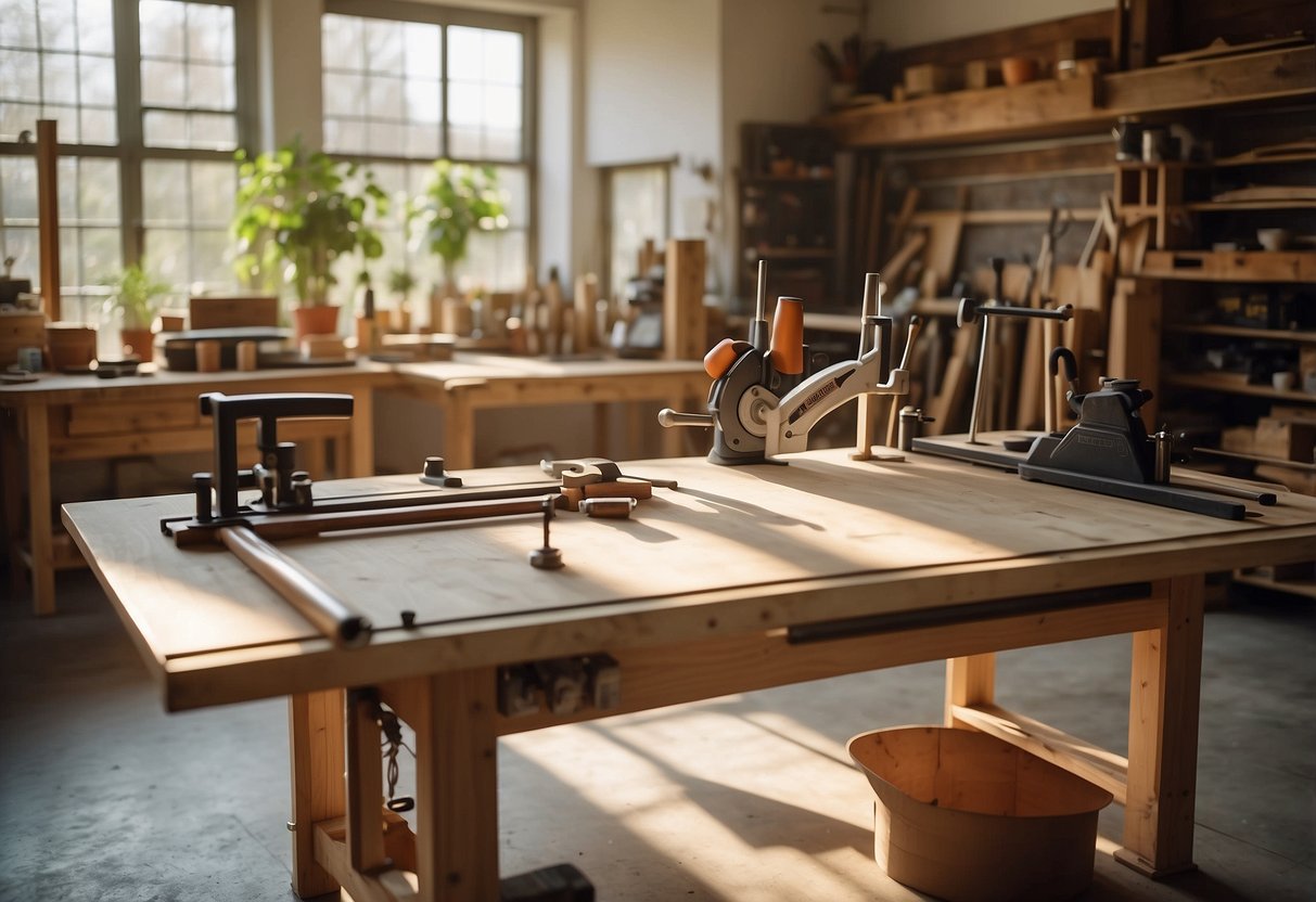 A spacious, sunlit workshop filled with woodworking tools and raw materials. A large drafting table is surrounded by sketches and design plans for custom furniture