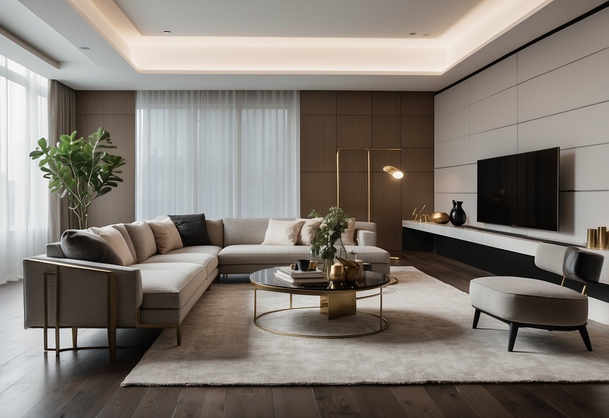 A room filled with modern, minimalist furniture pieces in neutral colors. Clean lines and sleek designs create a sense of sophistication and simplicity