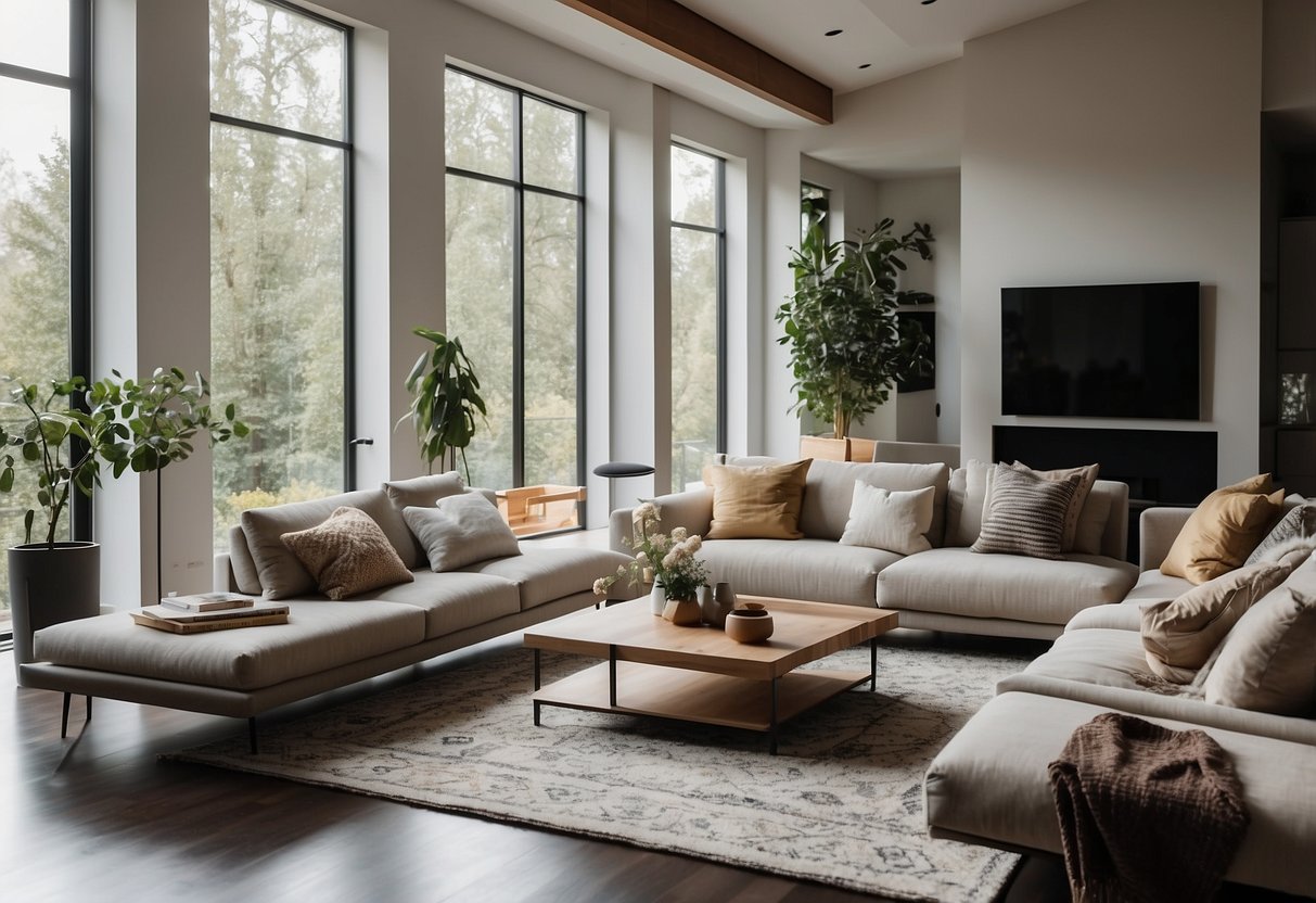 A modern living room with stylish furniture, including a comfortable sofa, a sleek coffee table, and a contemporary rug. The space is bright and inviting, with large windows letting in plenty of natural light