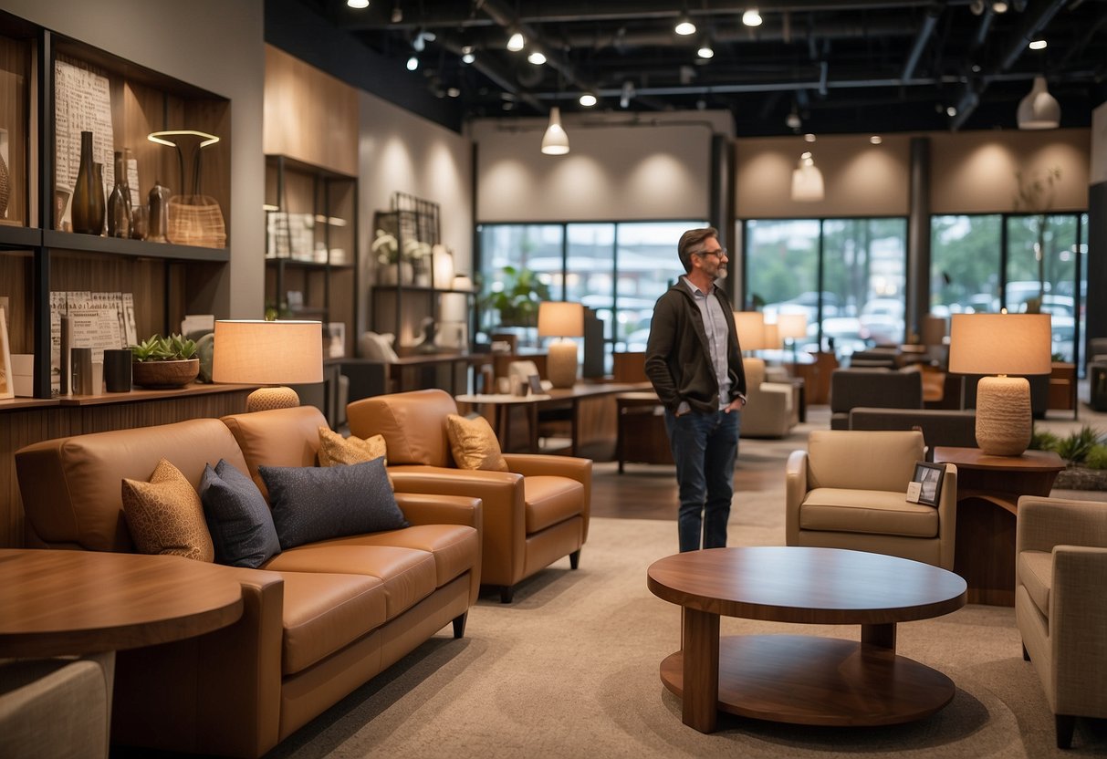 A customer enters Cornell Furniture, admiring the sleek displays and cozy seating. A friendly salesperson assists, showcasing the quality and variety of products