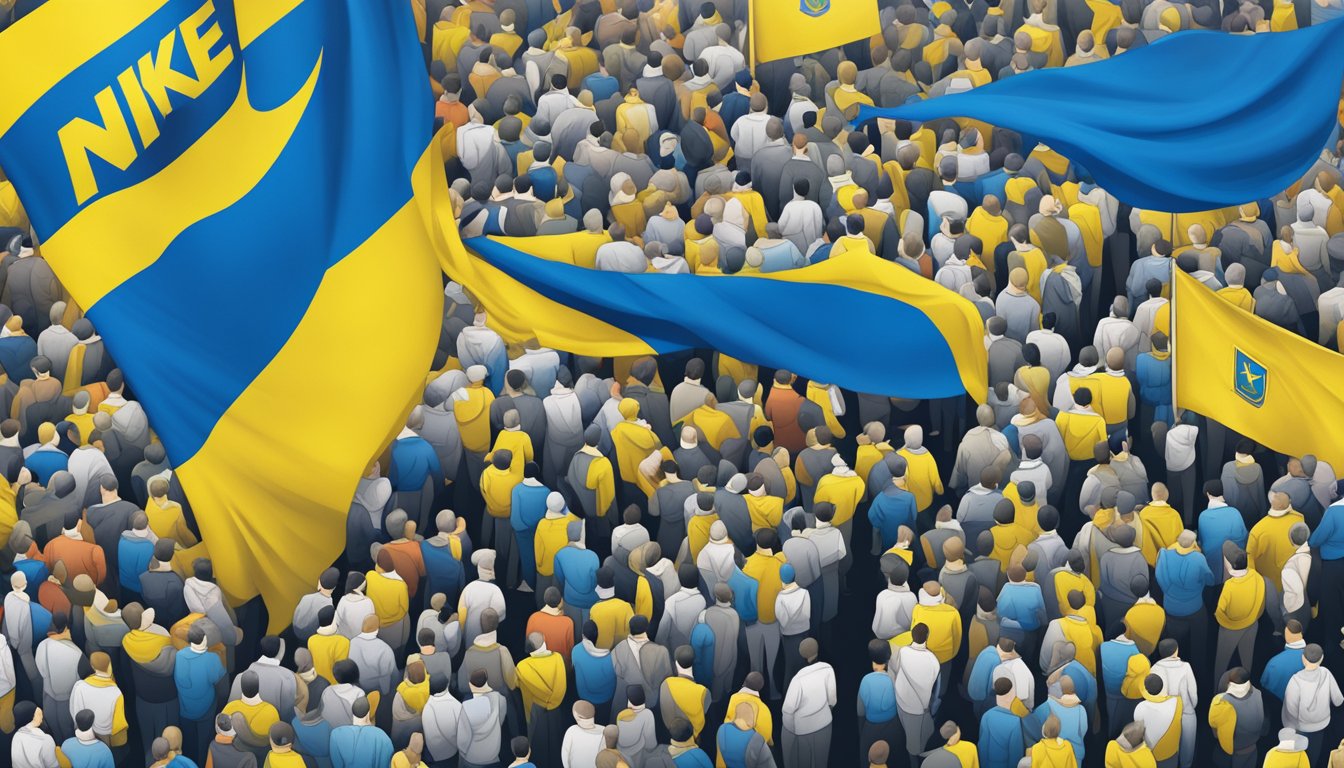 Nike logo displayed with Ukrainian flag in background, surrounded by concerned citizens and media