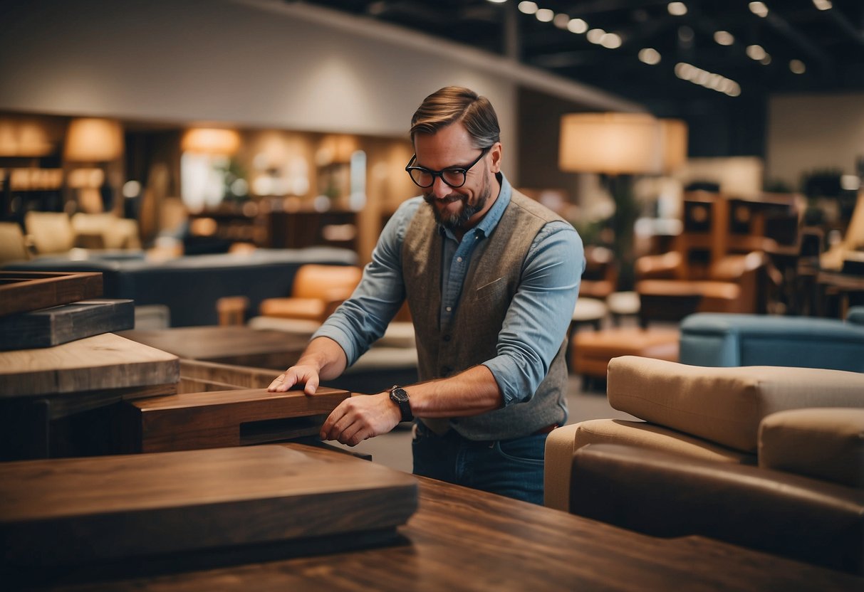 A customer selects and customizes furniture at a solo furniture store
