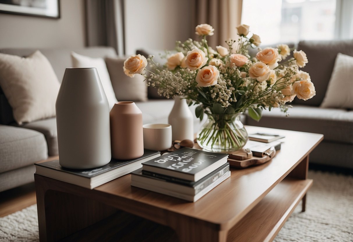 A cozy living room with modern furniture, soft lighting, and a warm color palette. A coffee table with a stack of design magazines and a decorative vase of flowers