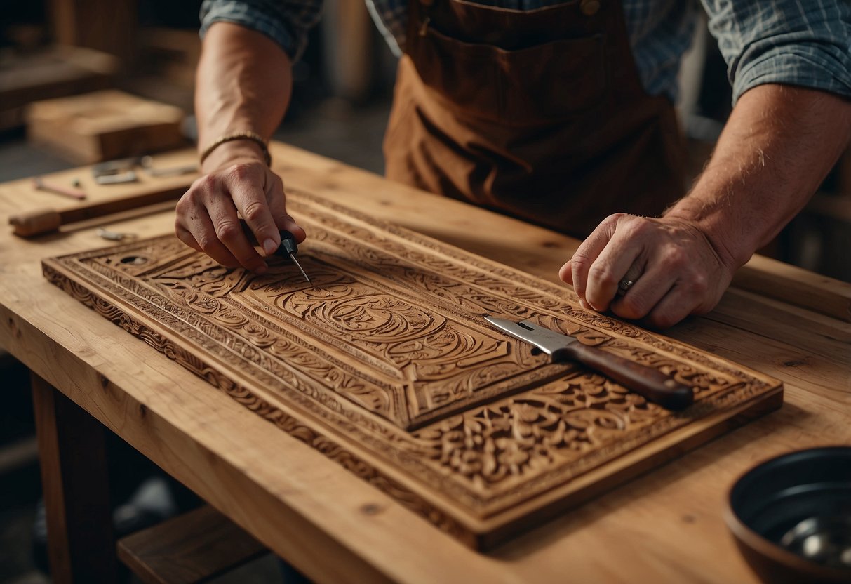 A craftsman customizes a wooden table with intricate carvings and personalized details. Tools and materials are scattered across the workbench