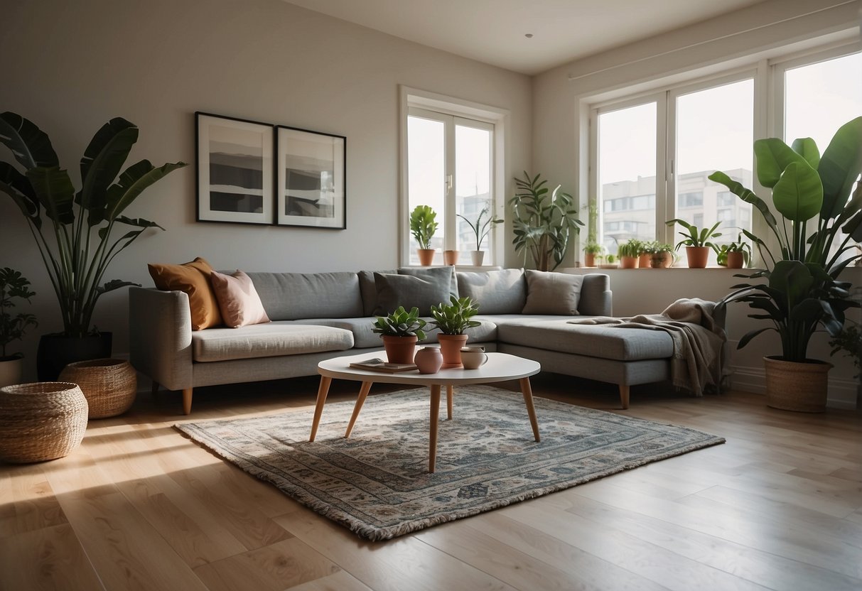 A living room with a sofa, coffee table, and potted plants. A rug on the floor and artwork on the walls