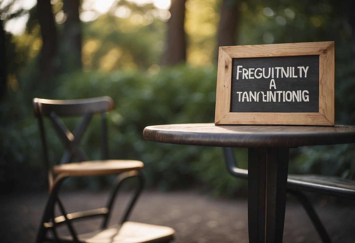 A single chair and table with a "Frequently Asked Questions" sign
