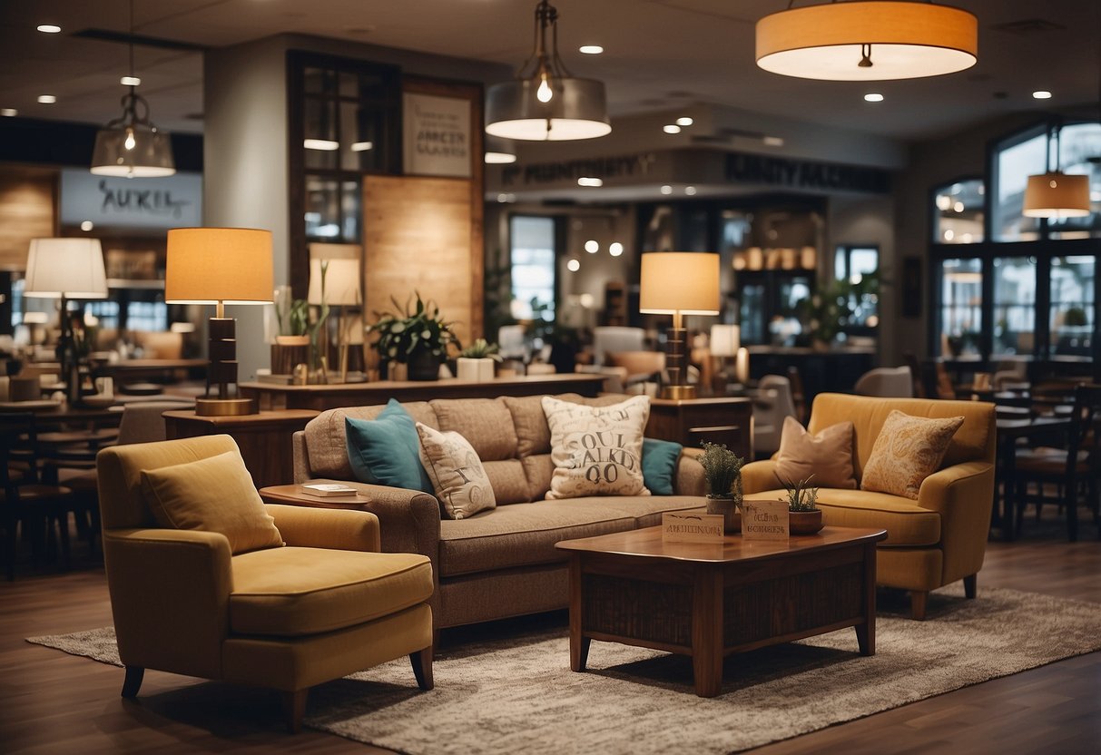 A cozy bay furniture store with a sign reading "Frequently Asked Questions" above a display of comfortable chairs and tables