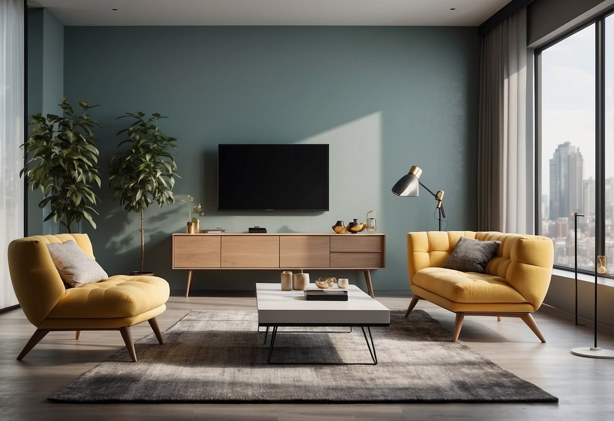 A bright, modern living room with a variety of stylish furniture pieces available for rent. The room is well-lit, with clean lines and a minimalist aesthetic