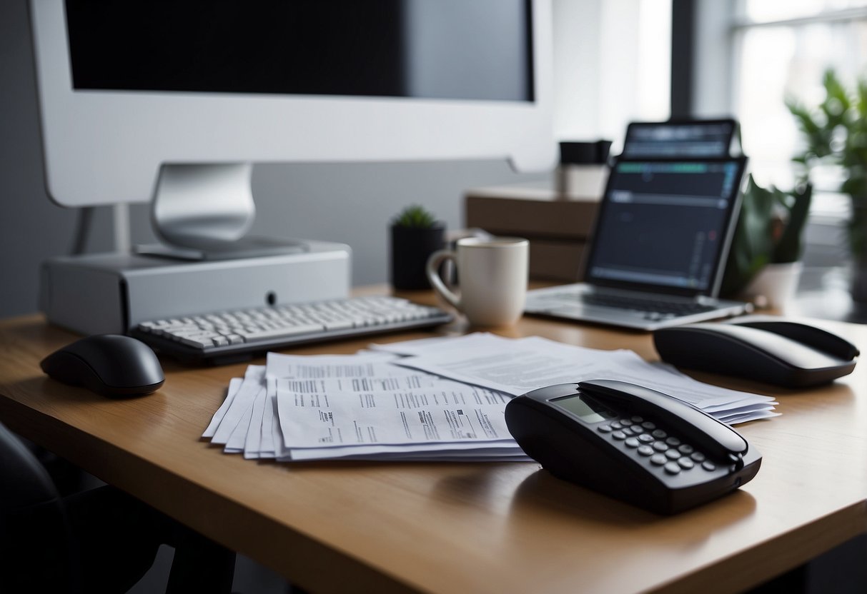 A stack of FAQ sheets beside a computer and phone on a desk. A customer service representative sits nearby, ready to assist