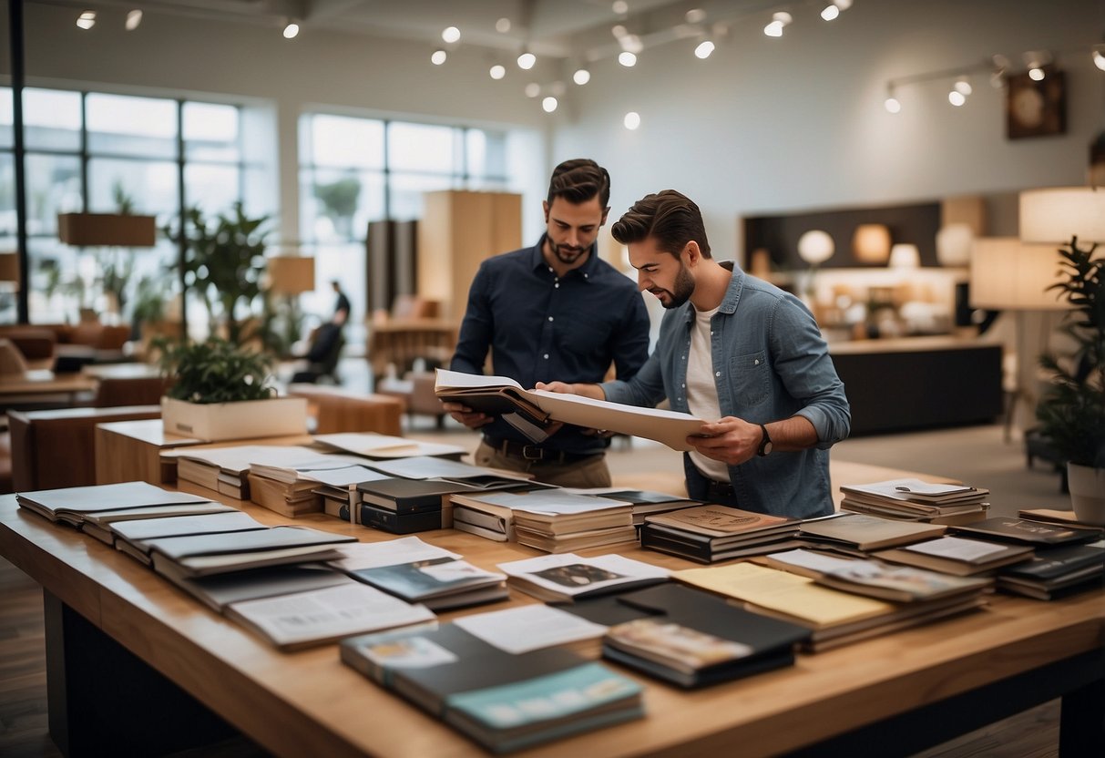 A customer browsing through a catalog of custom furniture options, with a helpful salesperson nearby answering questions
