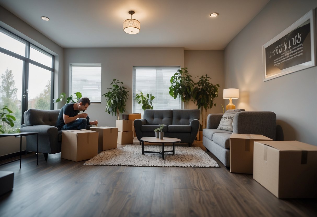 A room with modern furniture, a delivery truck outside, and a person signing a rental agreement