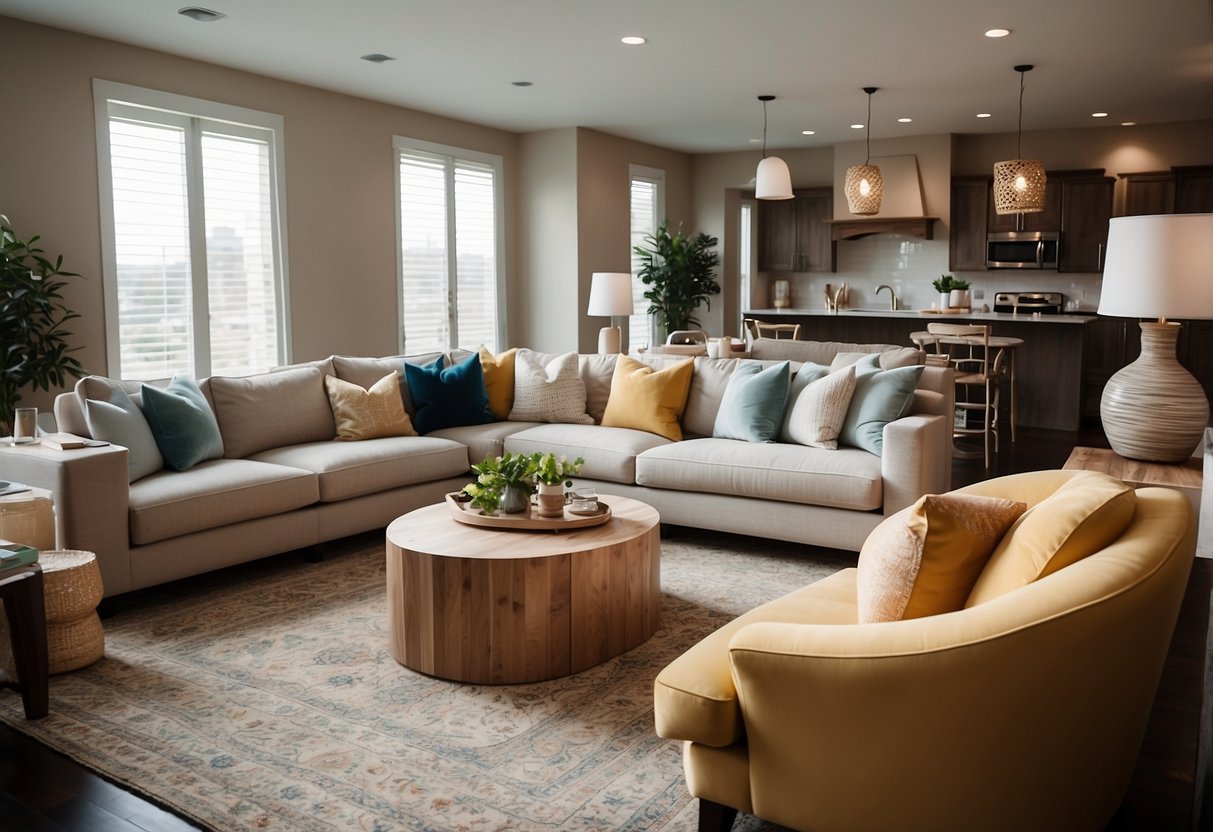 A spacious living room with a variety of furniture options, including sofas, chairs, and tables. Bright natural light fills the room, creating a warm and inviting atmosphere