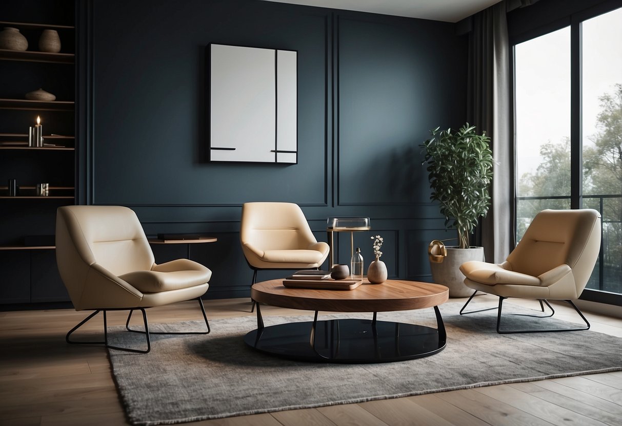 A room with modern vhive furniture, including a sleek dining table and chairs, a minimalist sofa, and a stylish coffee table