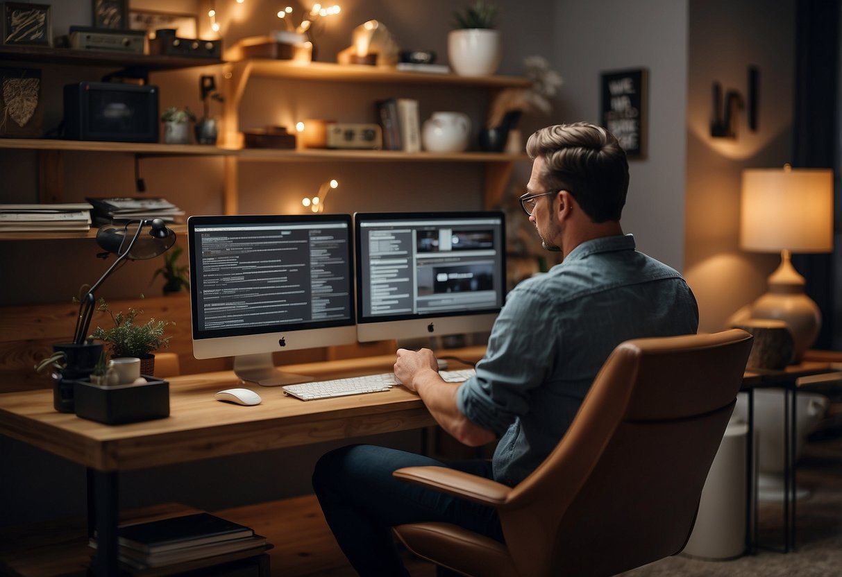 A customer browsing a FAQ page on a computer, surrounded by various furniture pieces