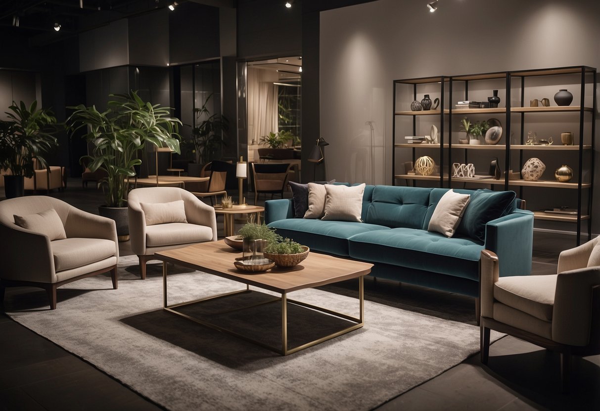 A room filled with modern, stylish furniture pieces, including sofas, tables, and chairs. A sign with "Frequently Asked Questions expat furniture rental" is displayed prominently