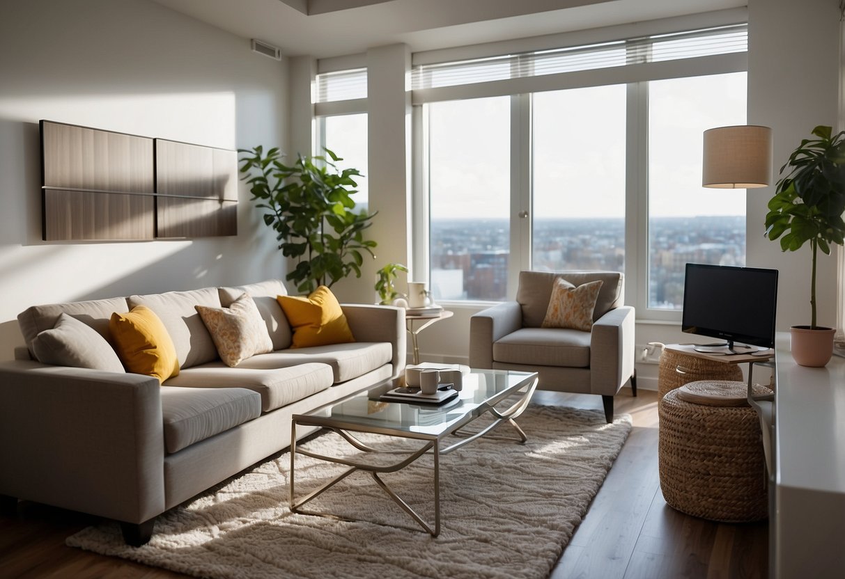 A brightly lit room with modern furniture. A customer service representative assists a client with rental inquiries. A FAQ pamphlet is prominently displayed