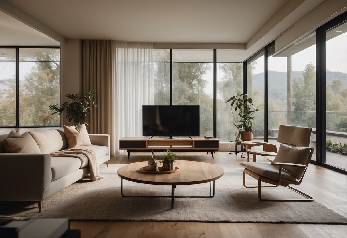 A cozy living room with a comfortable sofa, a stylish coffee table, and a modern TV stand. The space is filled with natural light and adorned with tasteful decor