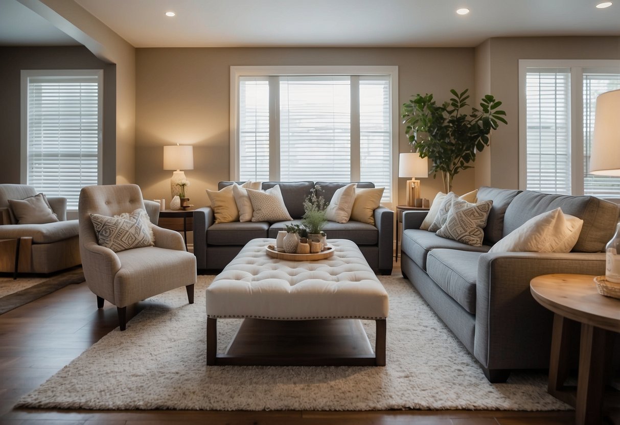 A cozy living room with a stylish yet affordable sofa, a functional coffee table, and decorative accent pieces. A dining area with a simple table and chairs. A well-organized bedroom with a comfortable bed and practical storage solutions