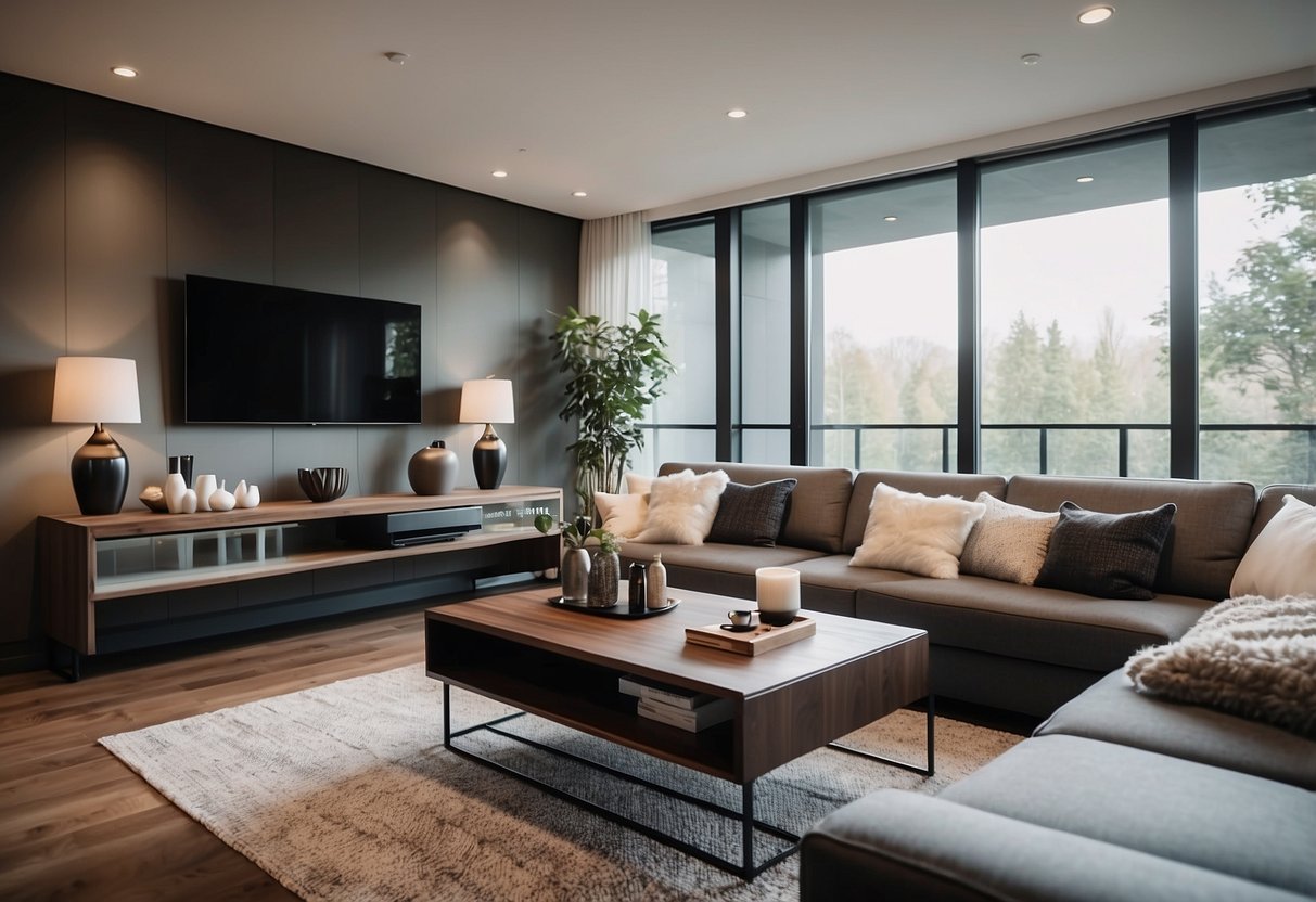 A cozy living room with stylish and durable furniture, including a comfortable sofa, a modern coffee table, and a sleek entertainment center