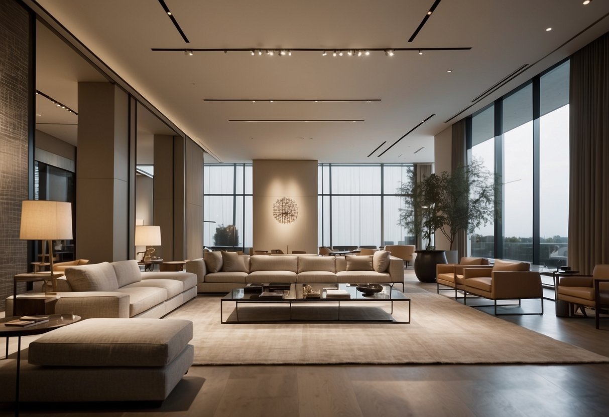 The Bottega Veneta furniture store features sleek, modern designs with a minimalist aesthetic. Clean lines and luxurious materials create an elegant atmosphere
