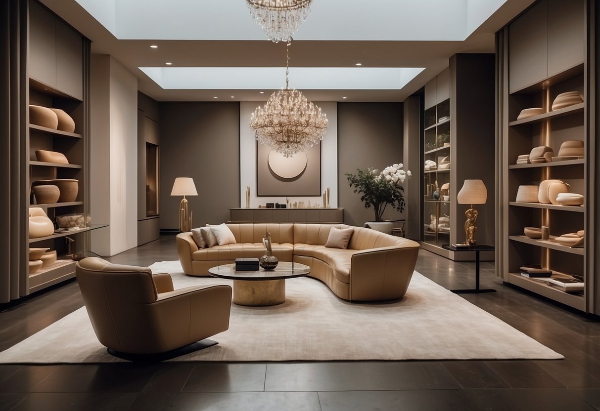 A spacious, well-lit showroom displaying luxurious Bottega Veneta furniture pieces arranged in elegant settings with modern and timeless designs