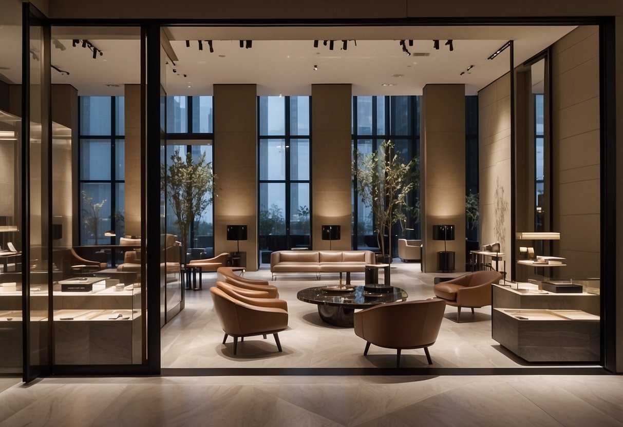 The Bottega Veneta boutique showcases sleek furniture and elegant design, with a symphony of space and style. The store exudes luxury and sophistication, with carefully curated displays and a modern, minimalist aesthetic